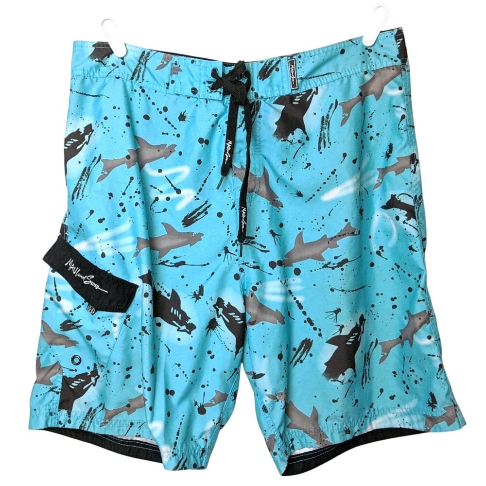 Maui and Sons shark print board shorts. Sz 36